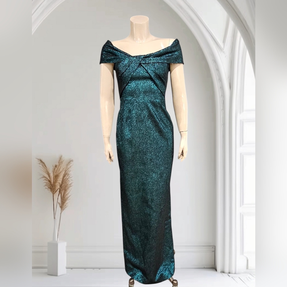 RICKI FREEMAN Teri Jon Sparkly Shimmer Green Off Shoulder Evening Gown 2